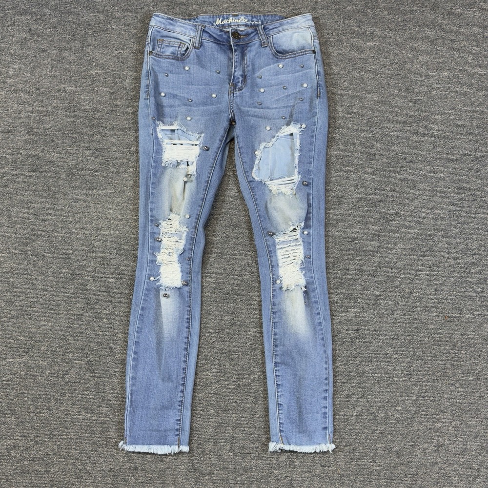 Machine Nouvelle Mode Jeans Women's 27 Denim Distressed Skinny Light Wash Beaded
